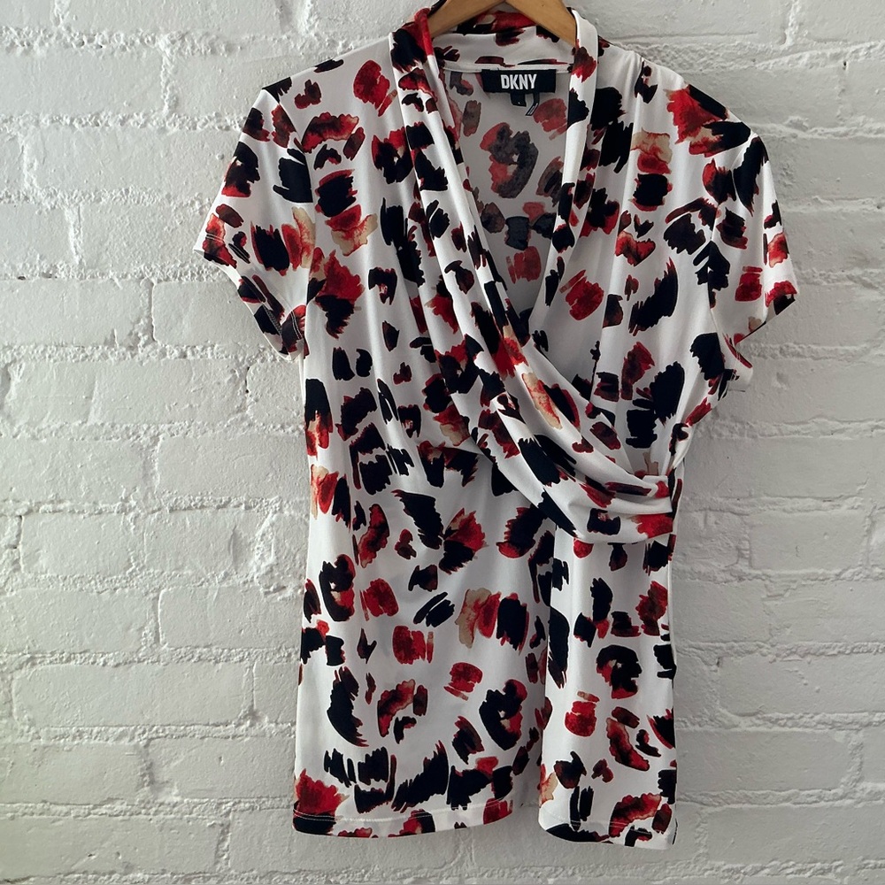 DKNY Womens Blouse Faux Wrap Multicolor Printed Siren Office Size Large